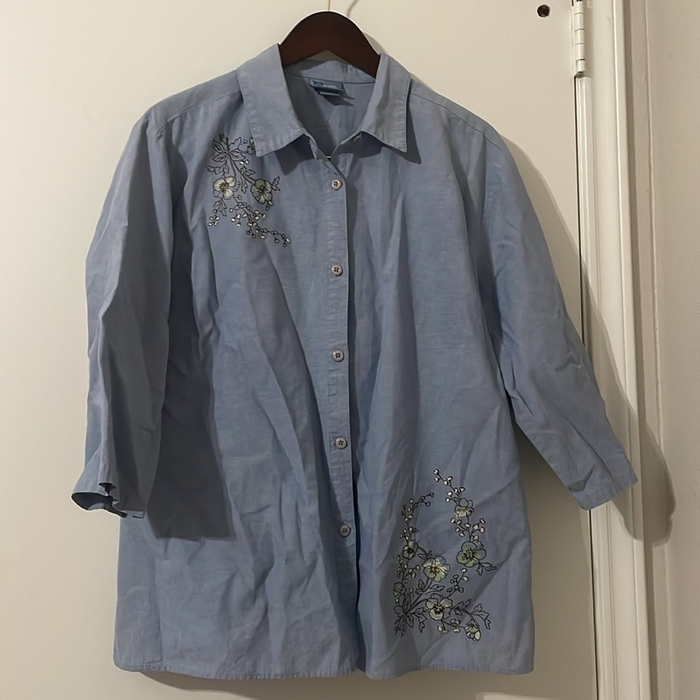 Classic Elements Shirt Womens XL Blue Short Sleeve Embroidered Button Up Blouse
